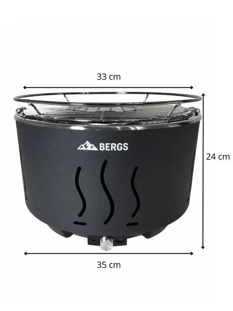 Гриль вугільний портативний Bergs CF-3101 35 см з вентилятором і чохлом чорний · 2